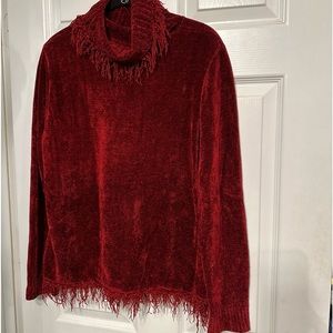 No Tags  Rafaella Sweater Womens M/L Red Velour Chenille Turtleneck Fringe Vtg